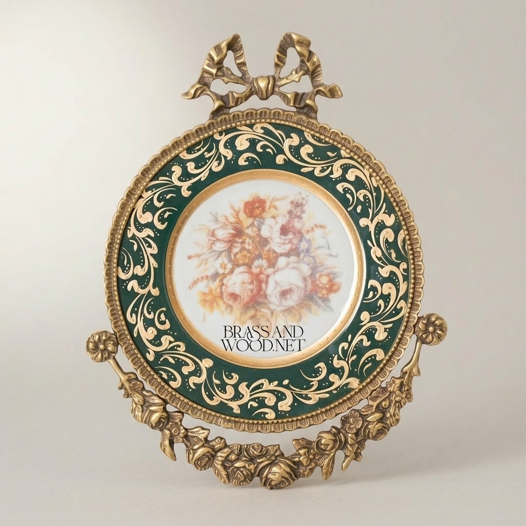 Rococo Brass & Ceramic Circular Wall Medallion - Green Enamel with Floral Centre & Ribbon Bow — Antique Gold