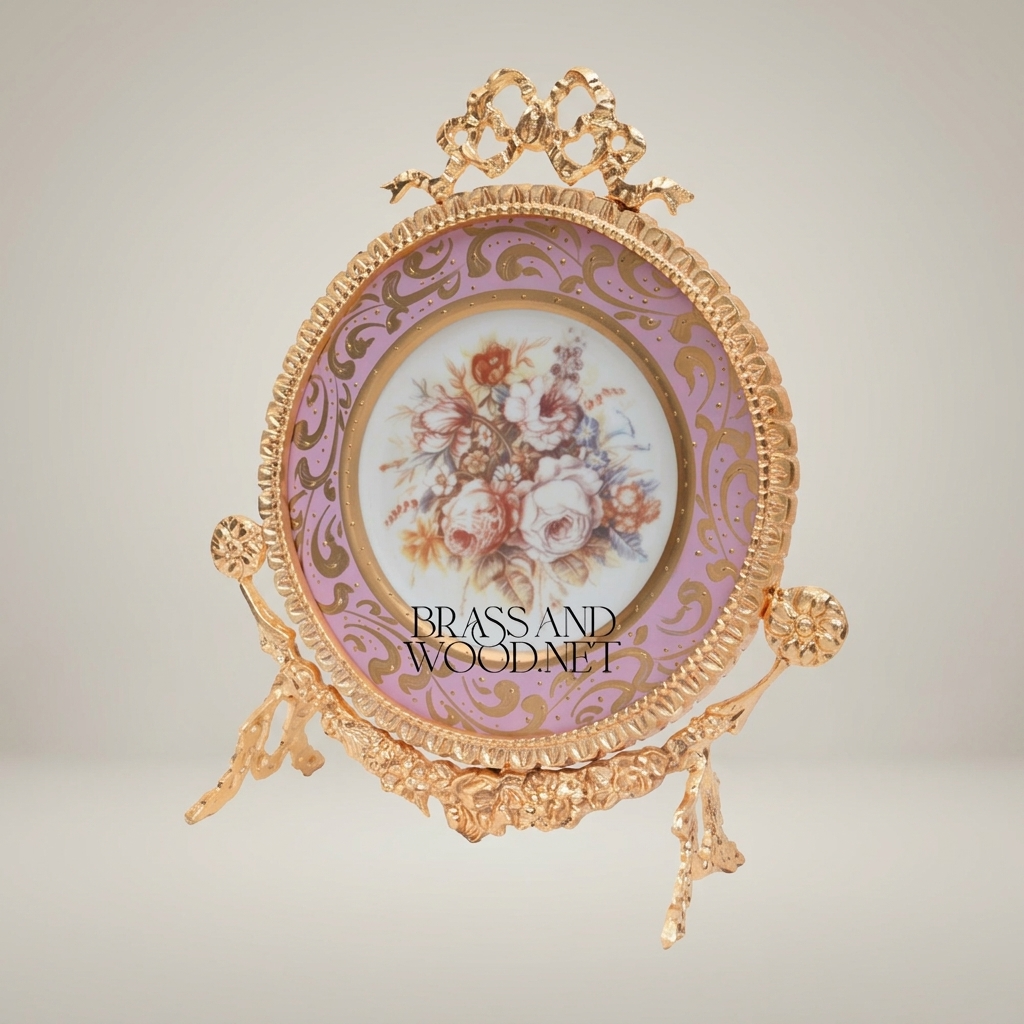 Rococo Brass & Ceramic Decorative Display Plate on Ornate Stand – Floral Bouquet Centre