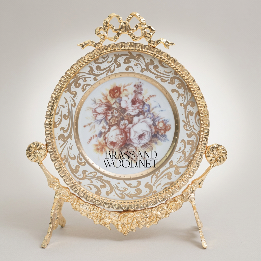 Rococo Brass & Ceramic Decorative Display Plate on Ornate Stand with Bow Crest — Gold