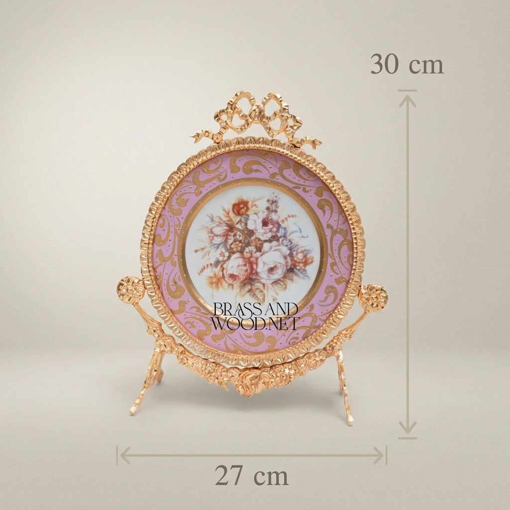 Rococo Brass & Ceramic Decorative Display Plate on Ornate Stand – Floral Bouquet Centre — Gold