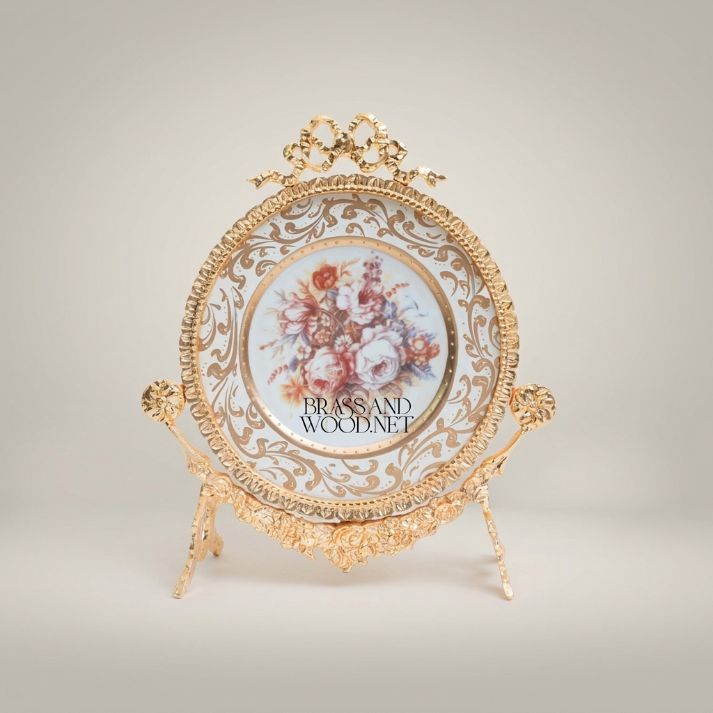 Rococo Brass & Ceramic Decorative Display Plate on Ornate Stand with Bow Crest — Gold