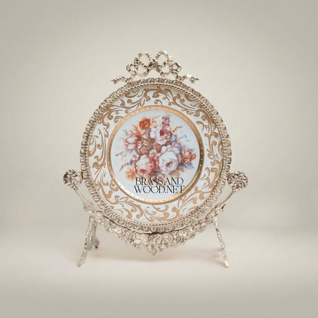 Rococo Brass & Ceramic Decorative Display Plate on Ornate Stand with Bow Crest — Silver
