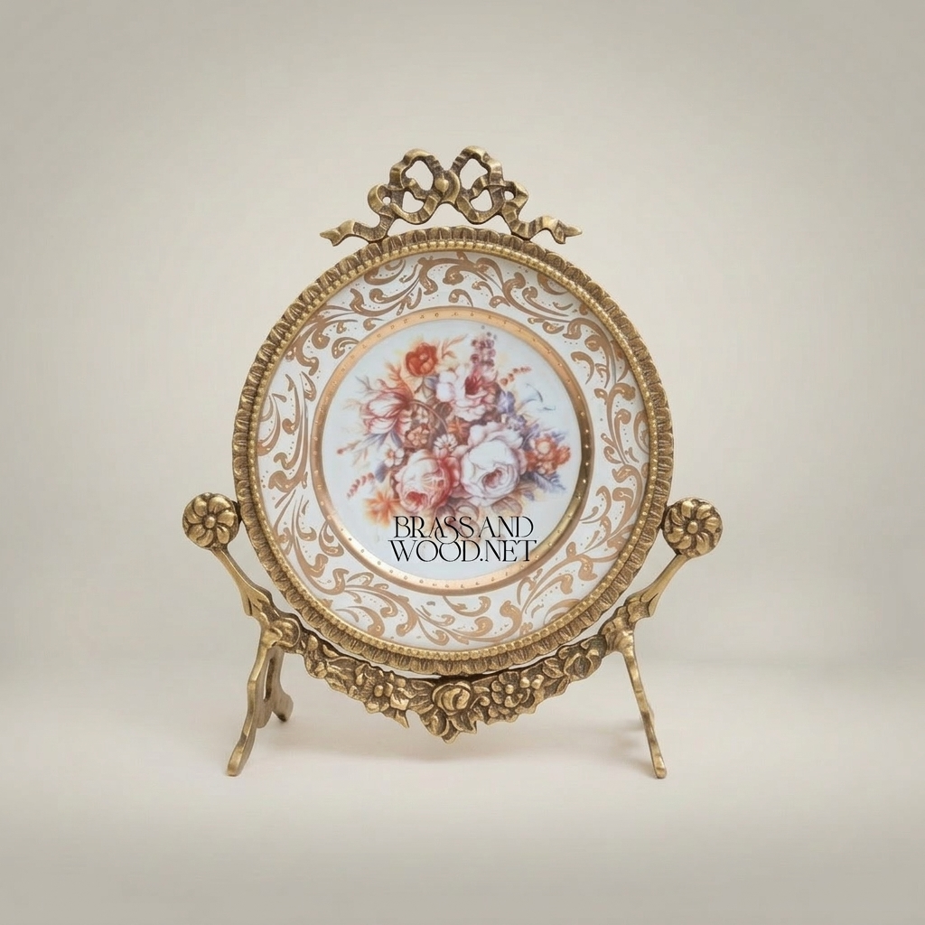 Rococo Brass & Ceramic Decorative Display Plate on Ornate Stand with Bow Crest — Antique Gold