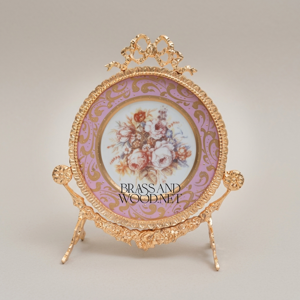 Rococo Brass & Ceramic Decorative Display Plate on Ornate Stand – Floral Bouquet Centre — Gold