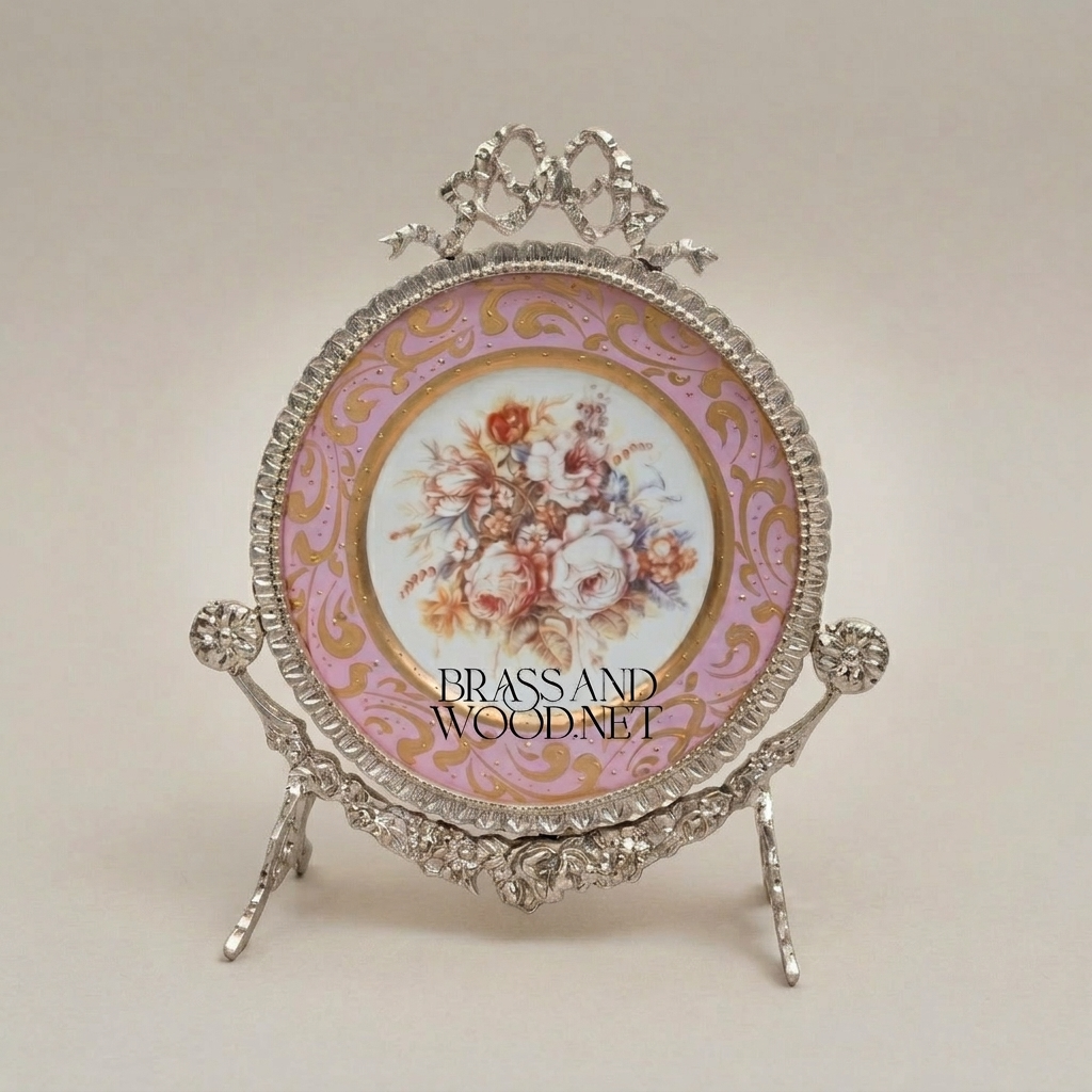 Rococo Brass & Ceramic Decorative Display Plate on Ornate Stand – Floral Bouquet Centre — Silver