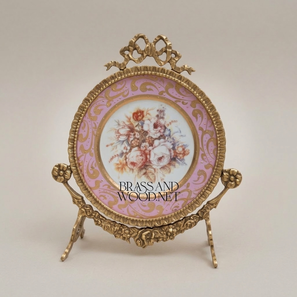 Rococo Brass & Ceramic Decorative Display Plate on Ornate Stand – Floral Bouquet Centre — Antique Gold