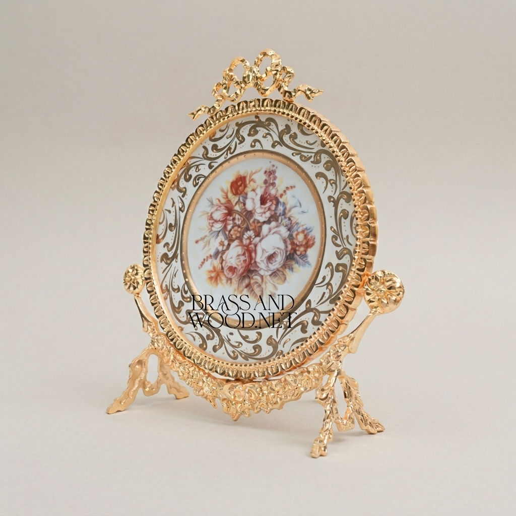 Rococo Brass & Ceramic Decorative Display Plate on Ornate Stand with Bow Crest — Gold