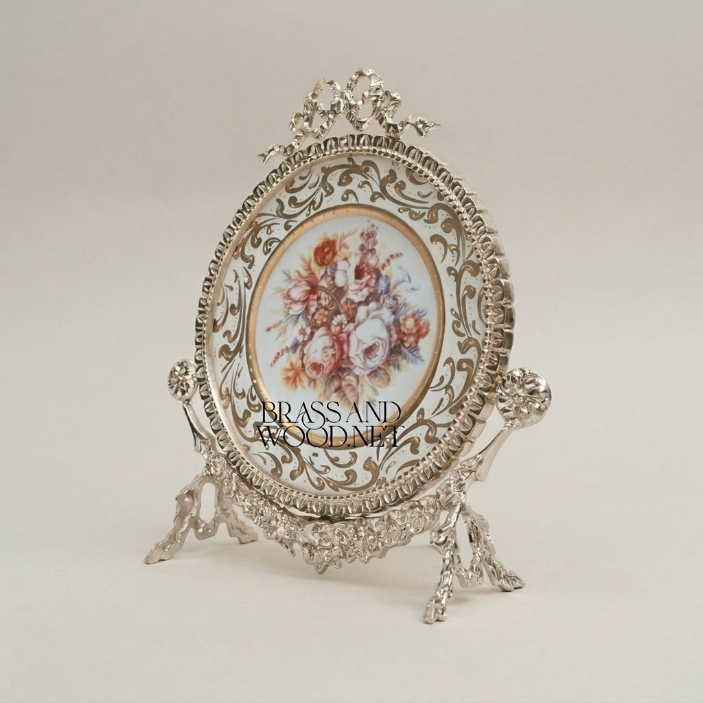 Rococo Brass & Ceramic Decorative Display Plate on Ornate Stand with Bow Crest — Silver