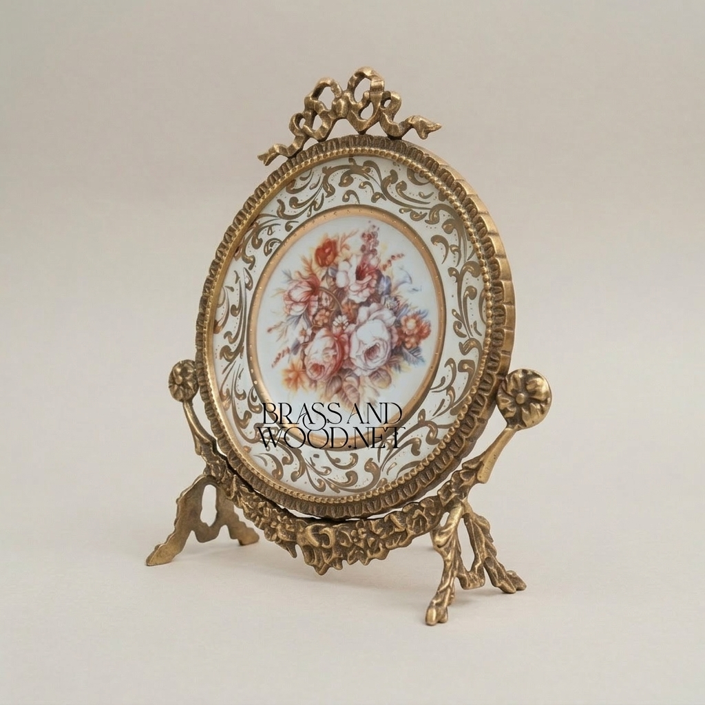 Rococo Brass & Ceramic Decorative Display Plate on Ornate Stand with Bow Crest — Antique Gold