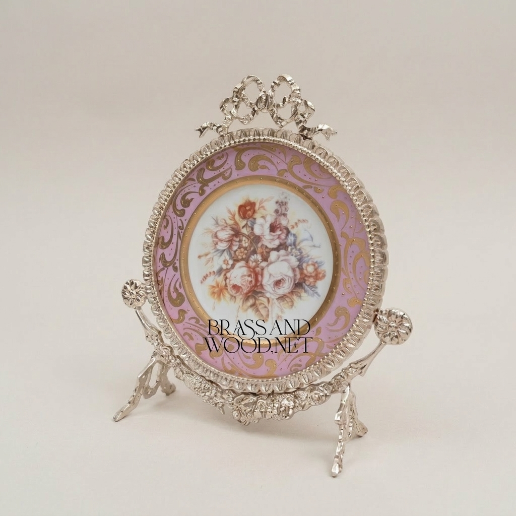 Rococo Brass & Ceramic Decorative Display Plate on Ornate Stand – Floral Bouquet Centre — Silver