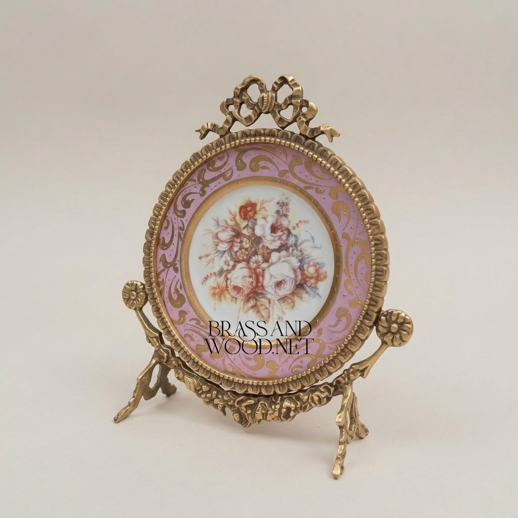 Rococo Brass & Ceramic Decorative Display Plate on Ornate Stand – Floral Bouquet Centre — Antique Gold