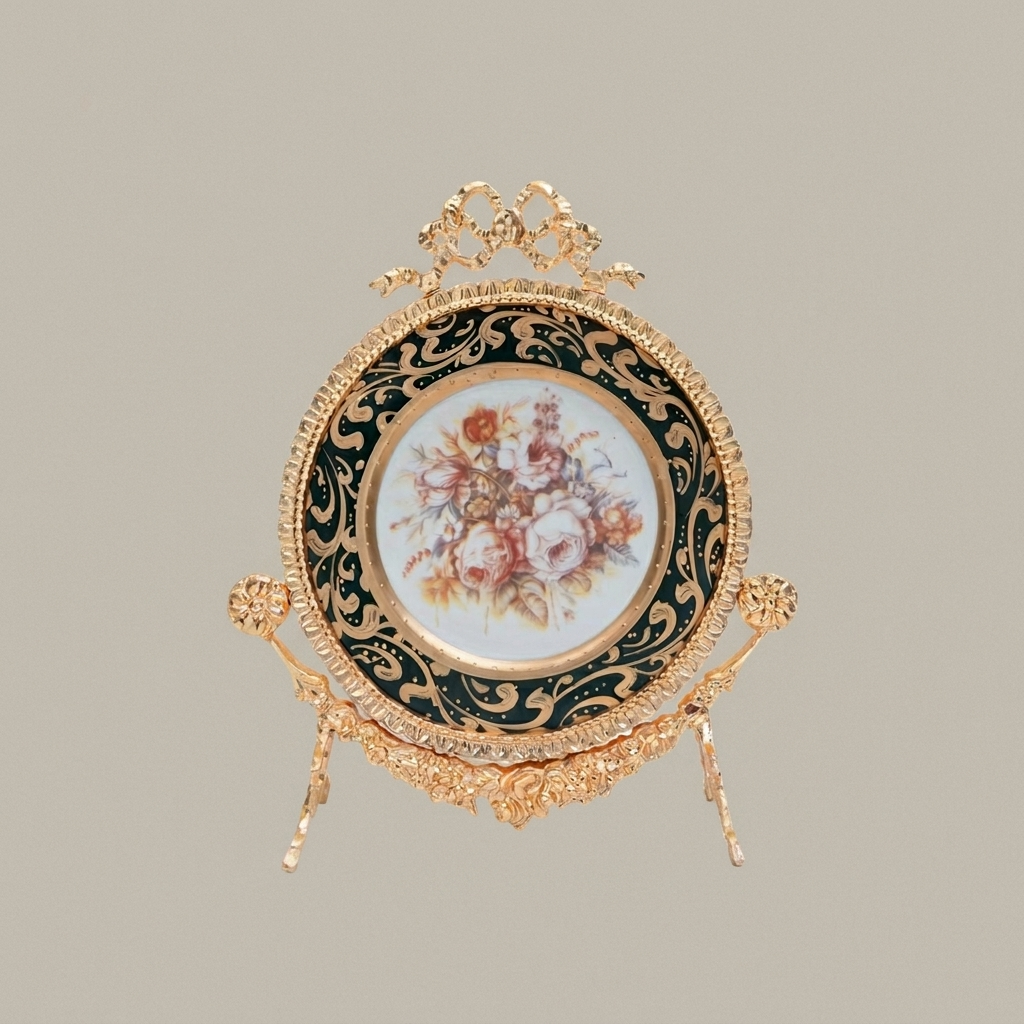 Rococo Brass & Ceramic Decorative Display Plate on Ornate Easel Stand - Botanical Floral Medallion — Gold