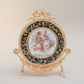 Rococo Brass & Ceramic Decorative Display Plate on Ornate Easel Stand - Botanical Floral Medallion — Gold