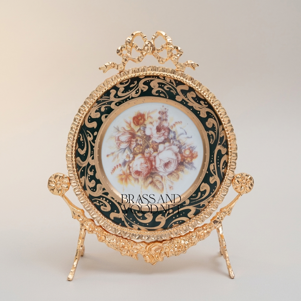 Rococo Brass & Ceramic Decorative Display Plate on Ornate Easel Stand - Botanical Floral Medallion — Gold