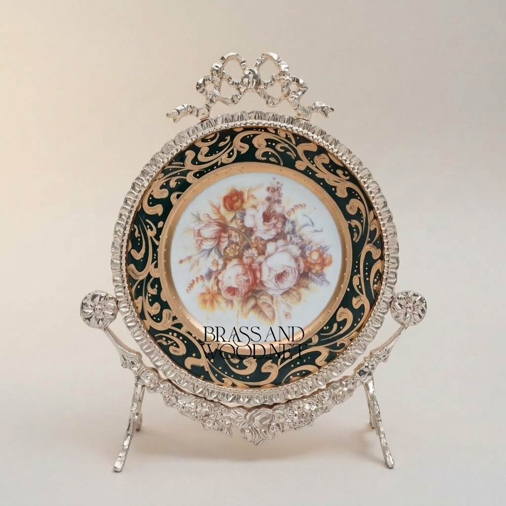 Rococo Brass & Ceramic Decorative Display Plate on Ornate Easel Stand - Botanical Floral Medallion — Silver