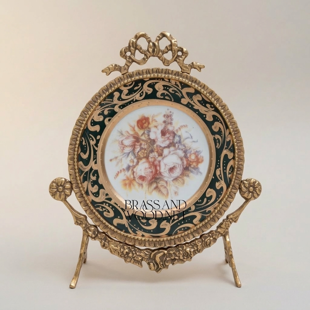 Rococo Brass & Ceramic Decorative Display Plate on Ornate Easel Stand - Botanical Floral Medallion — Antique Gold