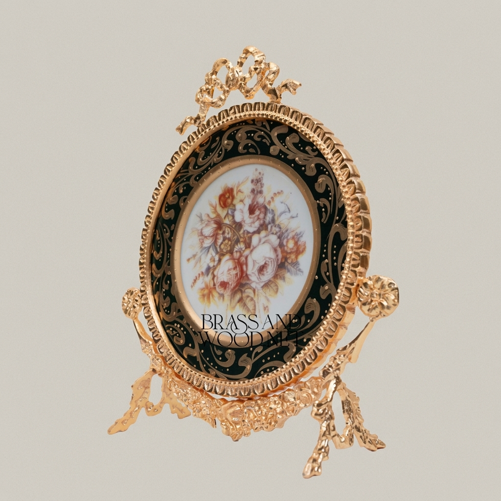Rococo Brass & Ceramic Decorative Display Plate on Ornate Easel Stand - Botanical Floral Medallion — Gold