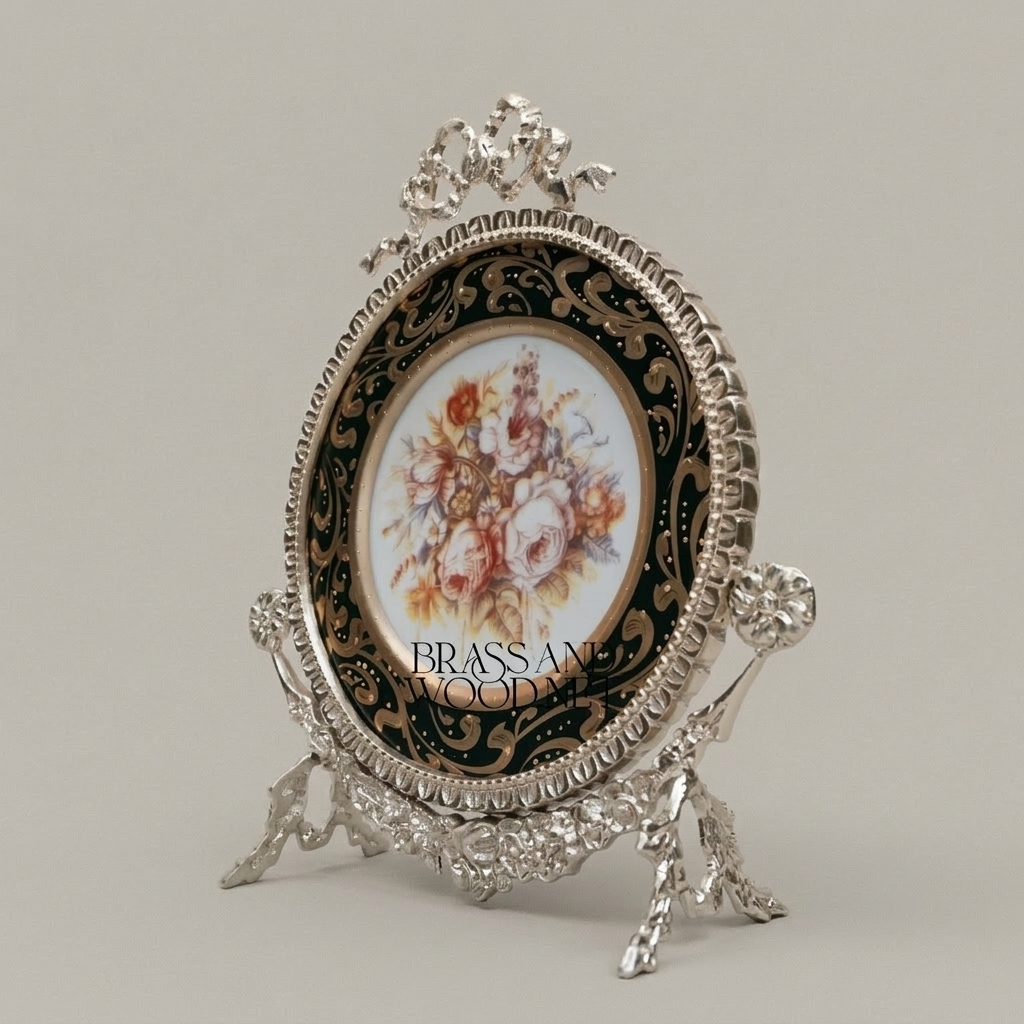 Rococo Brass & Ceramic Decorative Display Plate on Ornate Easel Stand - Botanical Floral Medallion — Silver