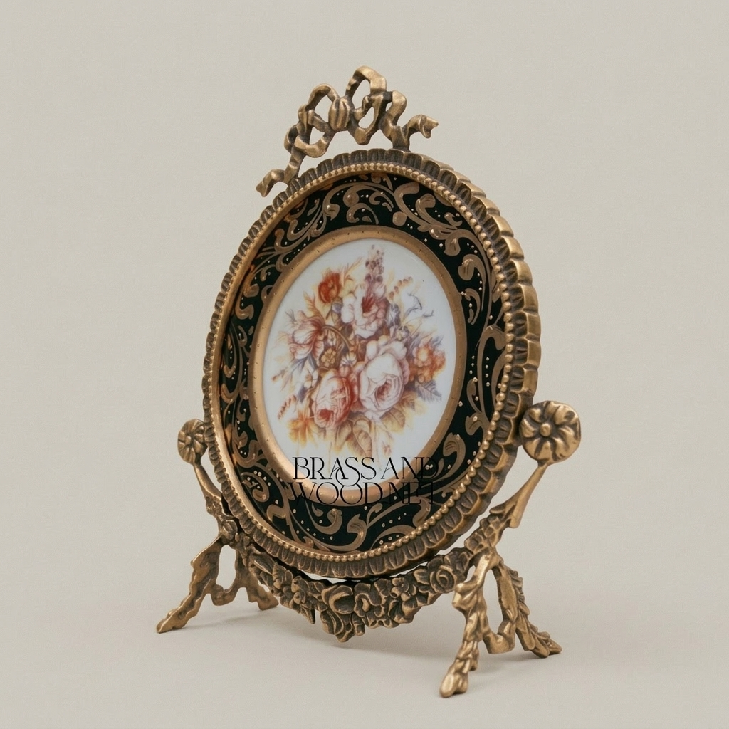 Rococo Brass & Ceramic Decorative Display Plate on Ornate Easel Stand - Botanical Floral Medallion — Antique Gold