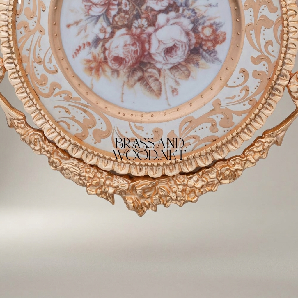 Rococo Brass & Ceramic Decorative Wall Plate - Floral Bouquet with Ribbon Crown