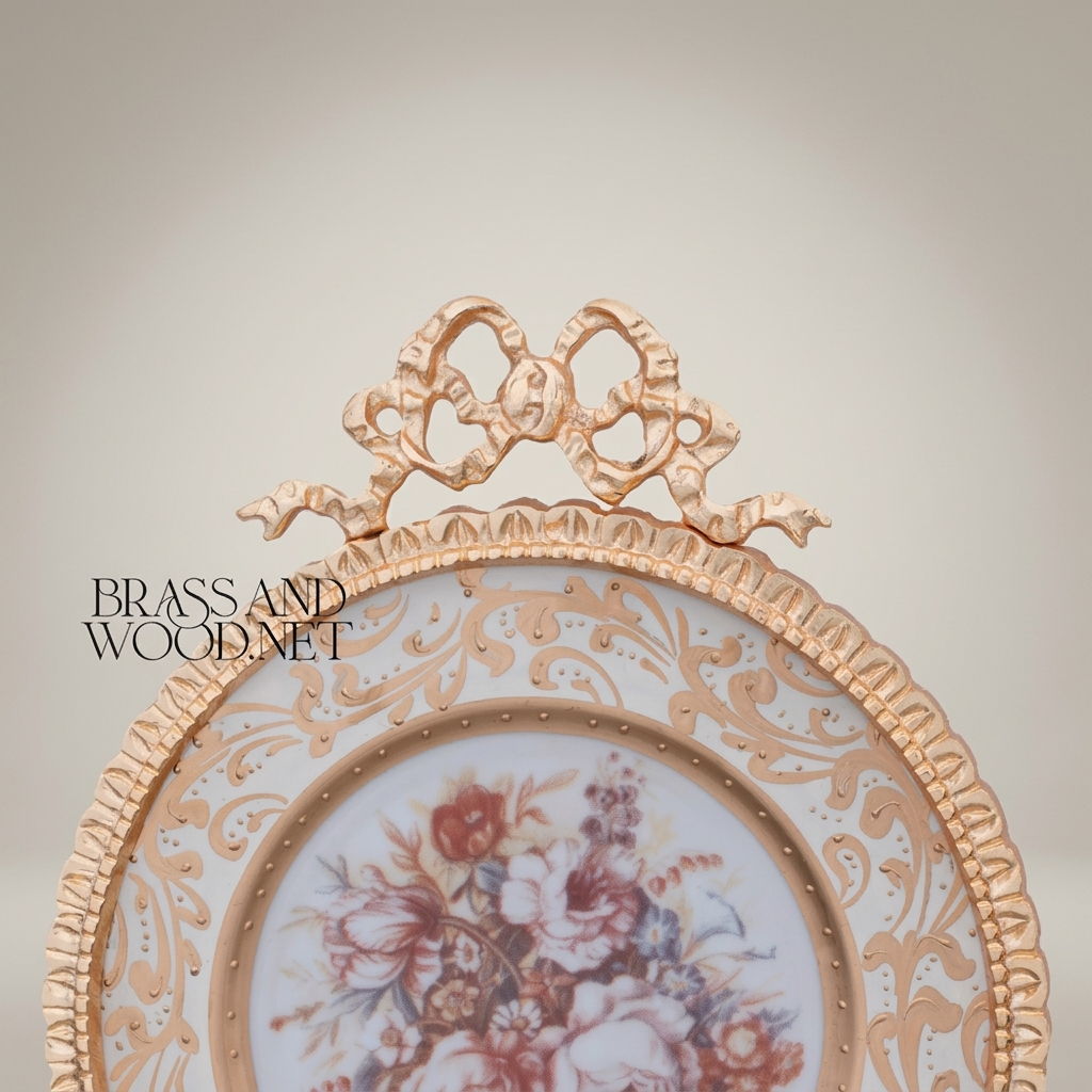 Rococo Brass & Ceramic Decorative Wall Plate - Floral Bouquet with Ribbon Crown