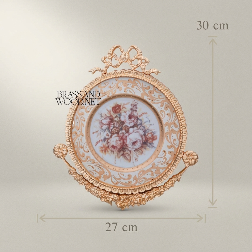 Rococo Brass & Ceramic Decorative Wall Plate - Floral Bouquet with Ribbon Crown — Gold