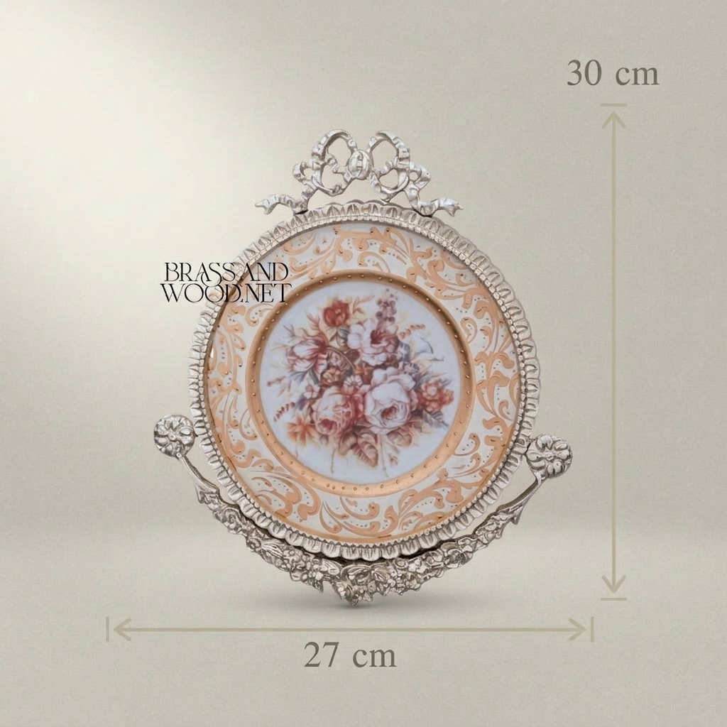 Rococo Brass & Ceramic Decorative Wall Plate - Floral Bouquet with Ribbon Crown — Silver