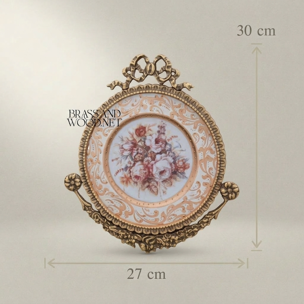 Rococo Brass & Ceramic Decorative Wall Plate - Floral Bouquet with Ribbon Crown — Antique Gold