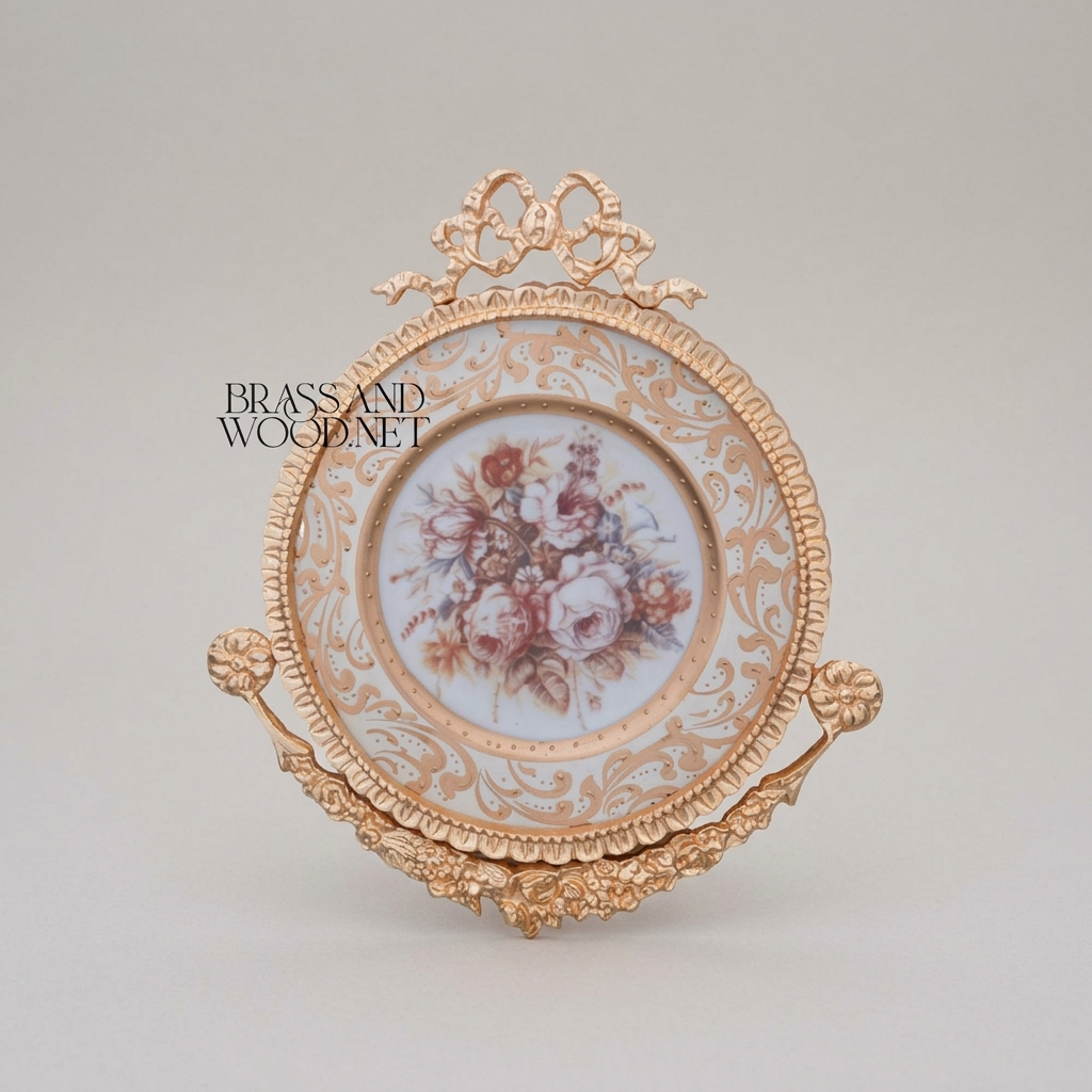 Rococo Brass & Ceramic Decorative Wall Plate - Floral Bouquet with Ribbon Crown