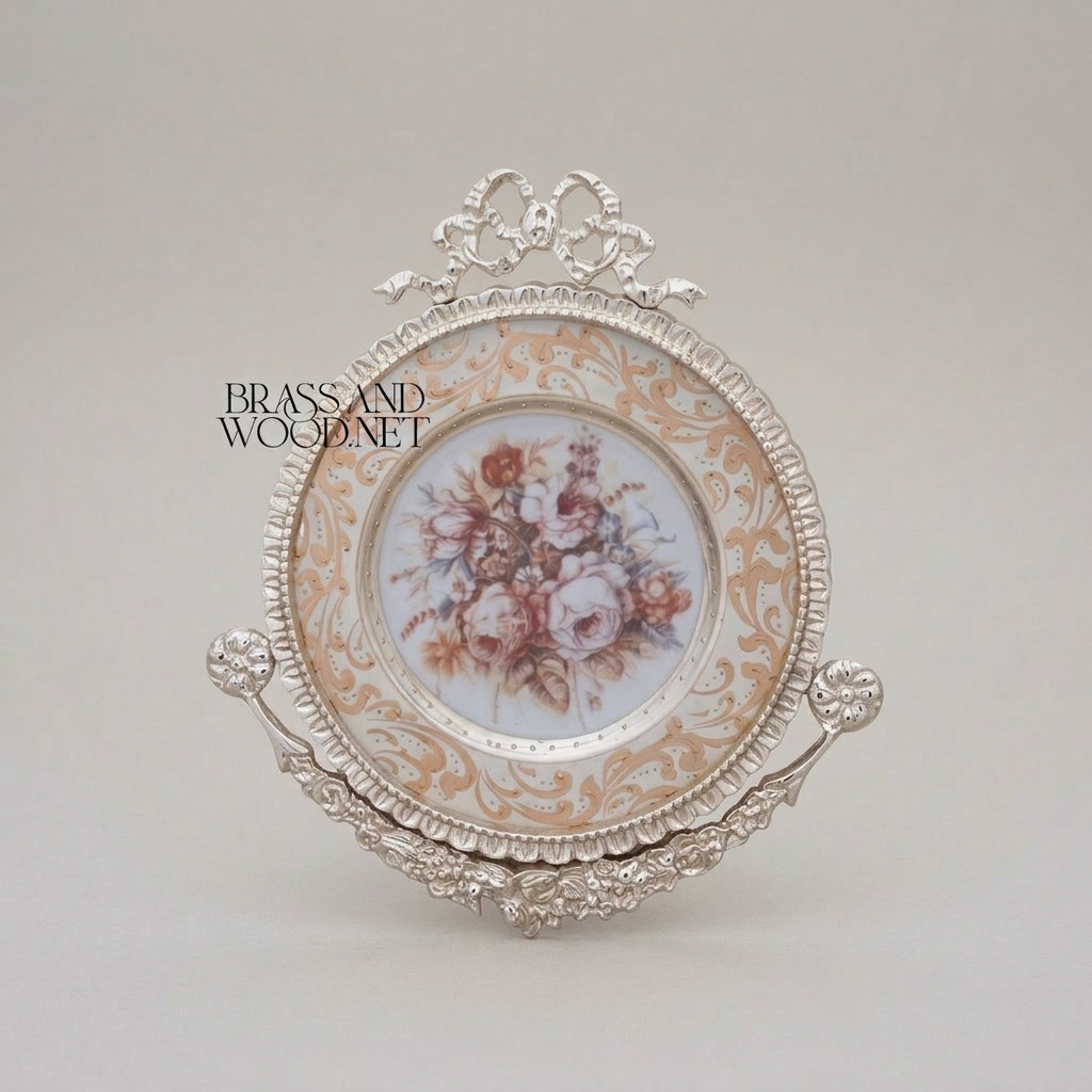 Rococo Brass & Ceramic Decorative Wall Plate - Floral Bouquet with Ribbon Crown — Silver
