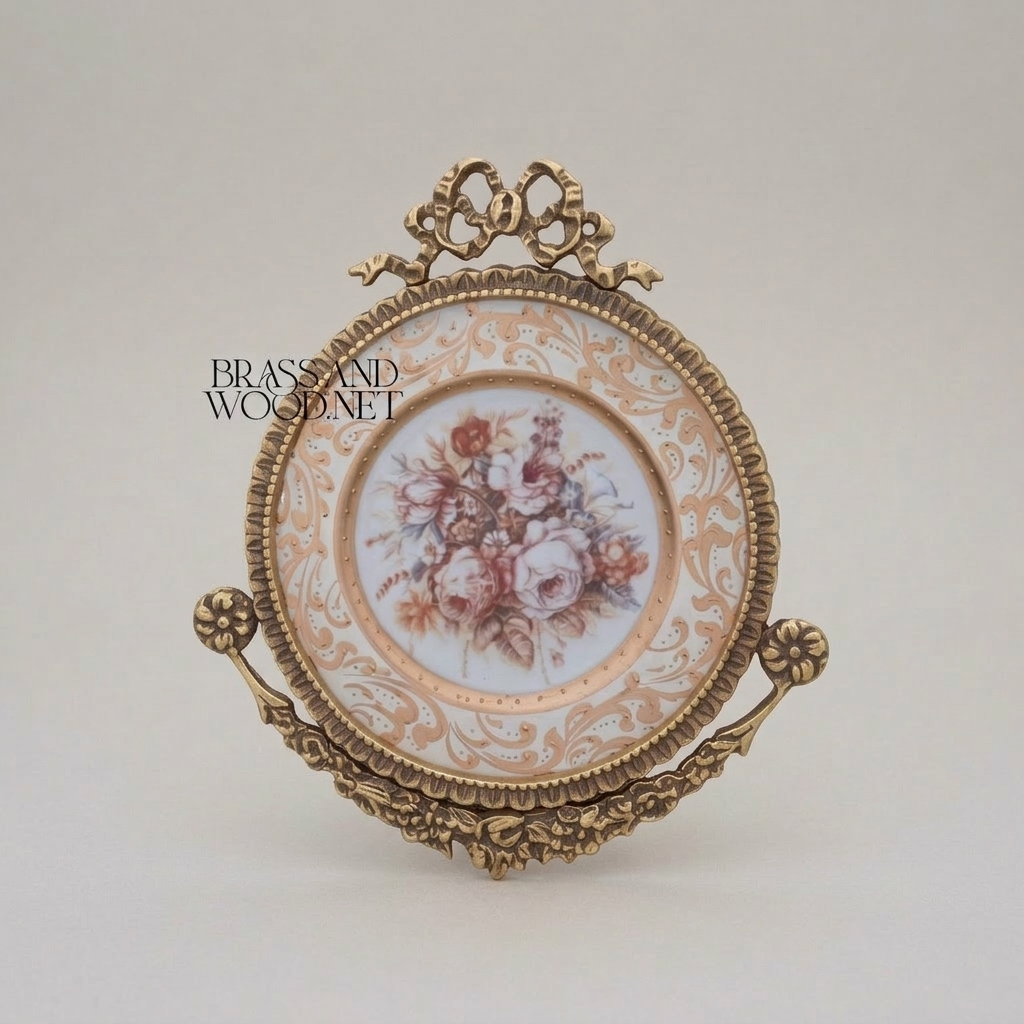 Rococo Brass & Ceramic Decorative Wall Plate - Floral Bouquet with Ribbon Crown — Antique Gold