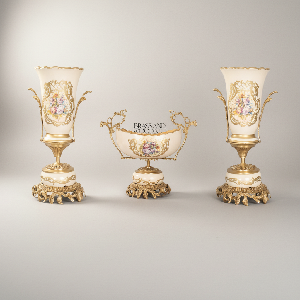 Rococo Brass & Ceramic Garniture Set - Hand-Painted Floral Medallion with Acanthus Base — Antique Gold