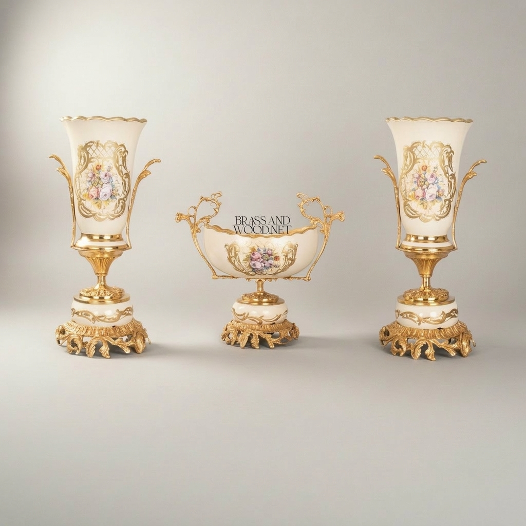 Rococo Brass & Ceramic Garniture Set - Hand-Painted Floral Medallion with Acanthus Base — Gold
