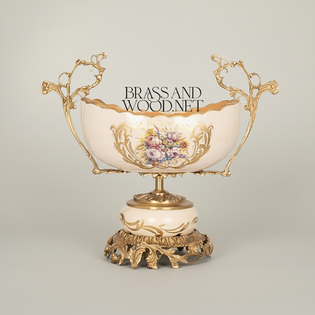 Rococo Brass & Ceramic Garniture Set - Hand-Painted Floral Medallion with Acanthus Base — Antique Gold