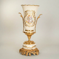 Rococo Brass & Ceramic Garniture Set - Hand-Painted Floral Medallion with Acanthus Base — Gold