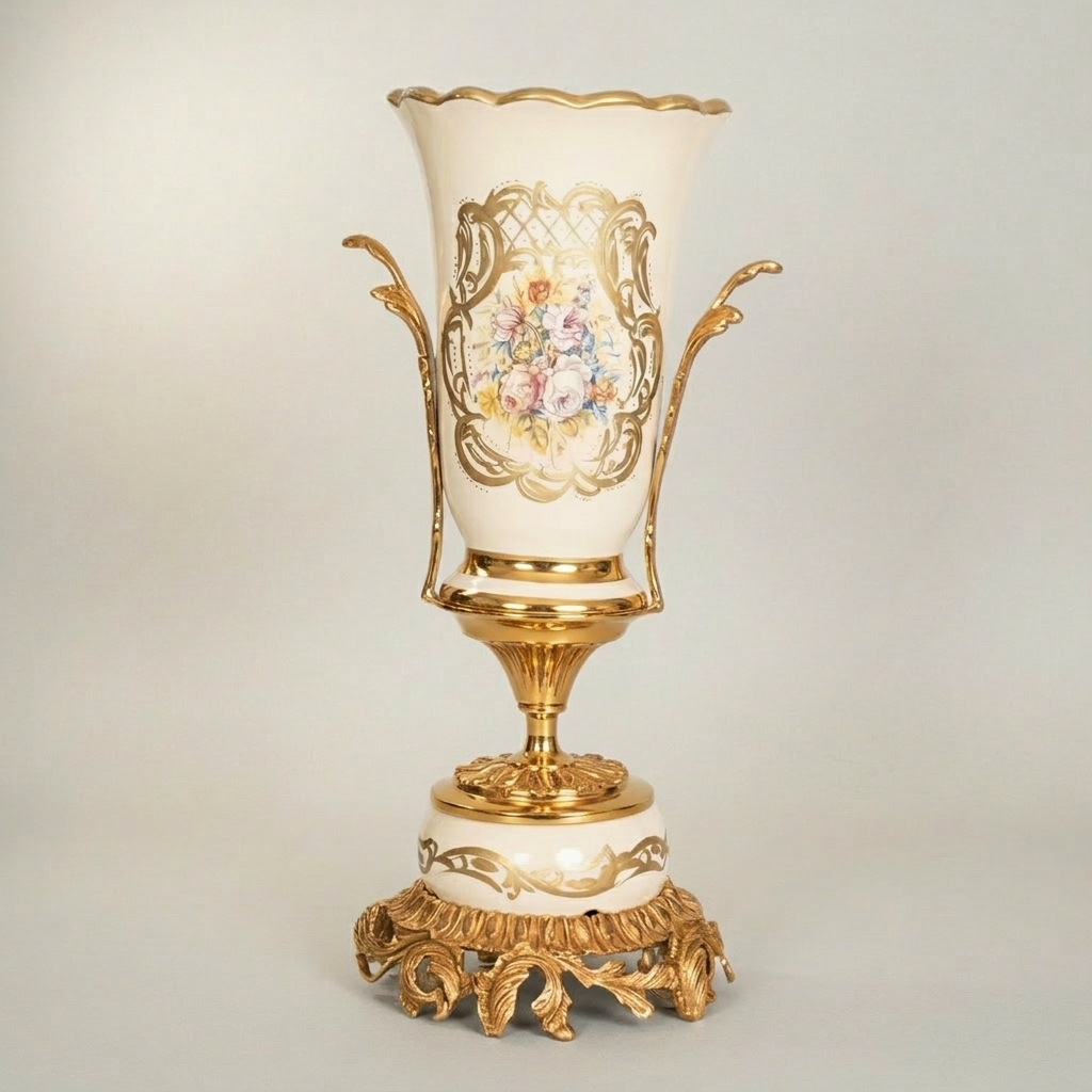 Rococo Brass & Ceramic Garniture Set - Hand-Painted Floral Medallion with Acanthus Base — Gold