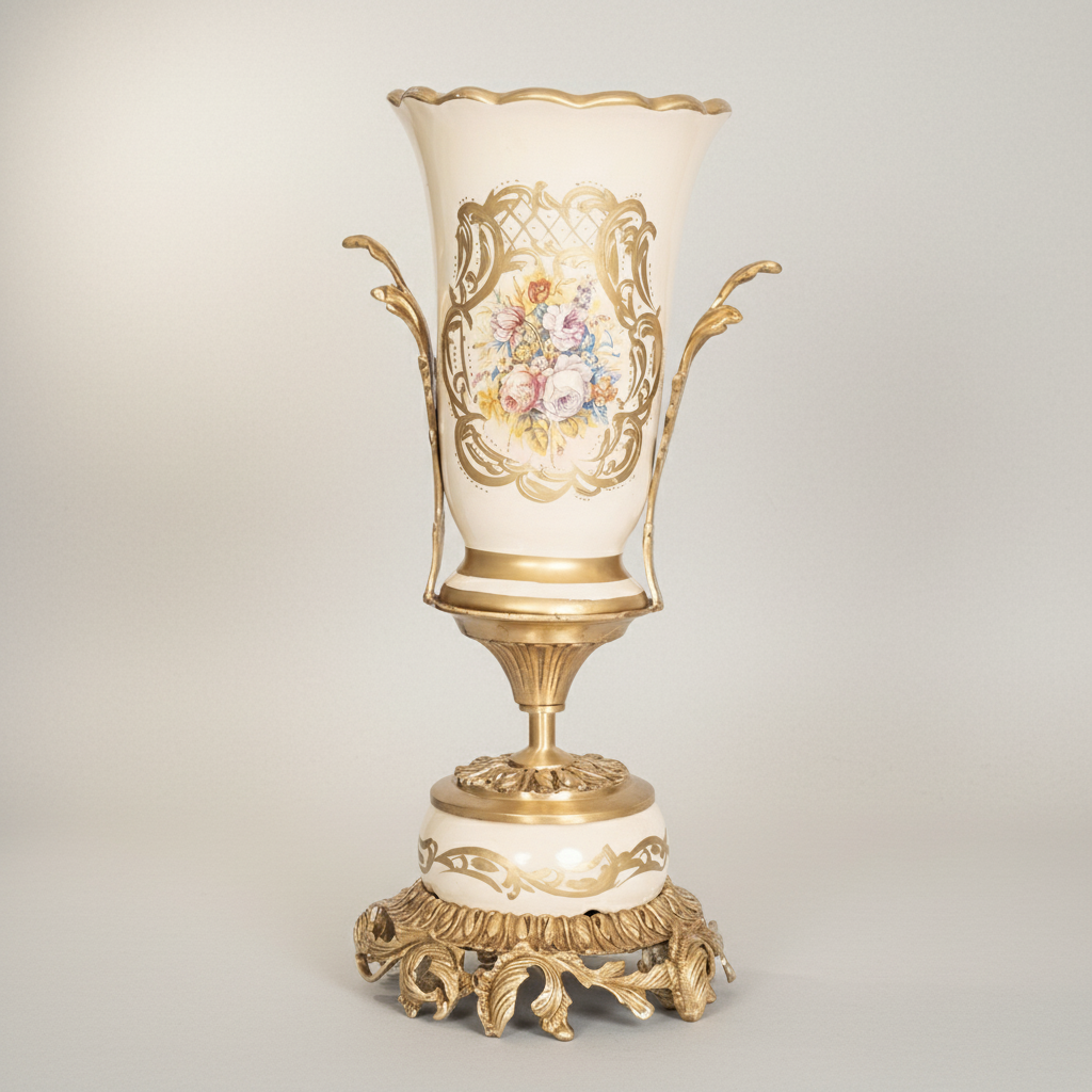 Rococo Brass & Ceramic Garniture Set - Hand-Painted Floral Medallion with Acanthus Base — Antique Gold