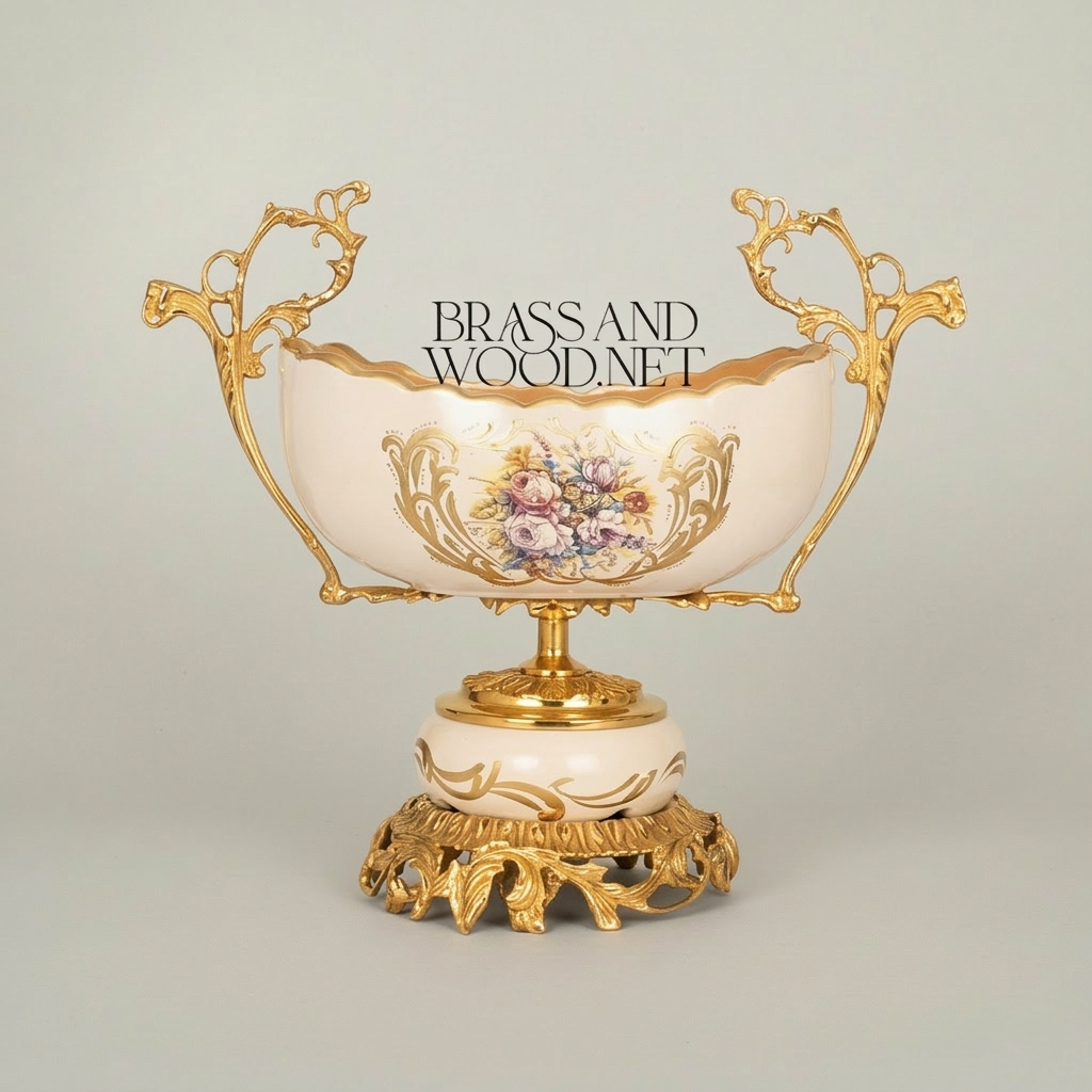 Rococo Brass & Ceramic Garniture Set - Hand-Painted Floral Medallion with Acanthus Base — Gold
