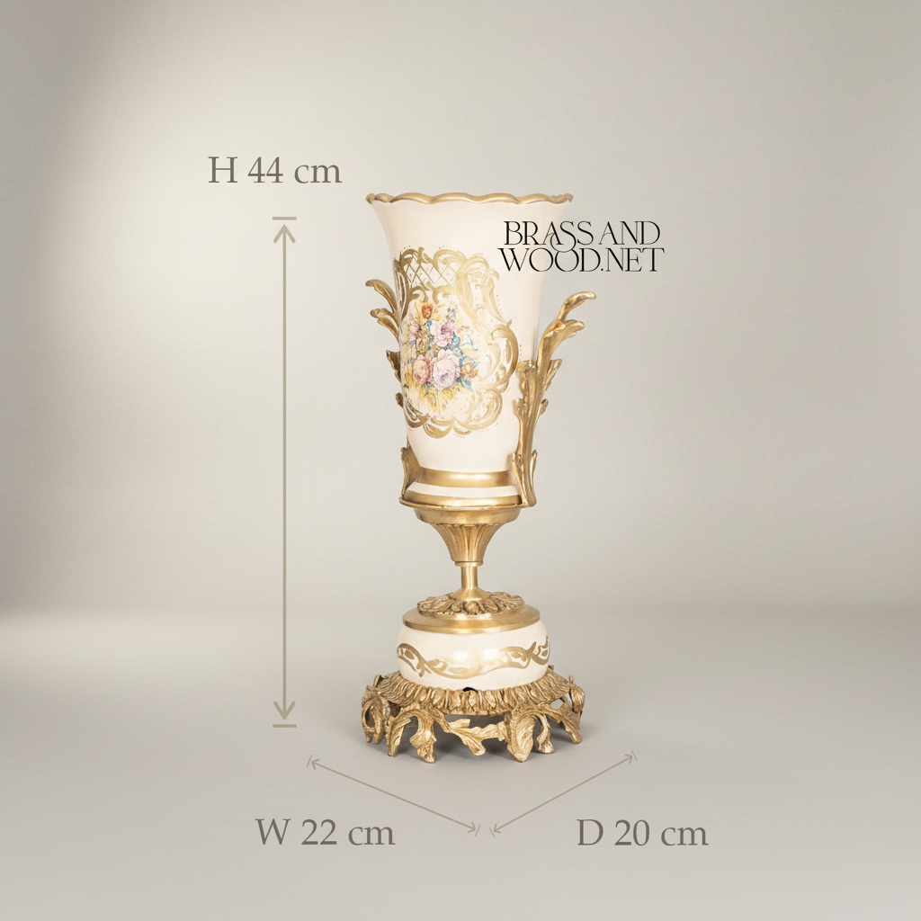 Rococo Brass & Ceramic Garniture Set - Hand-Painted Floral Medallion with Acanthus Base — Antique Gold