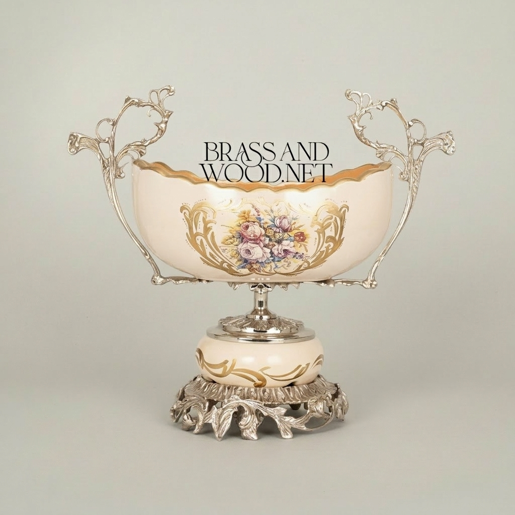 Rococo Brass & Ceramic Garniture Set - Hand-Painted Floral Medallion with Acanthus Base — Silver