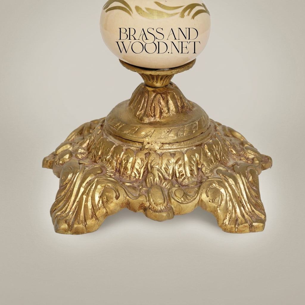 Rococo Brass & Ceramic Lidded Trophy Vase with Hand-Painted Floral Cartouche — Antique Gold