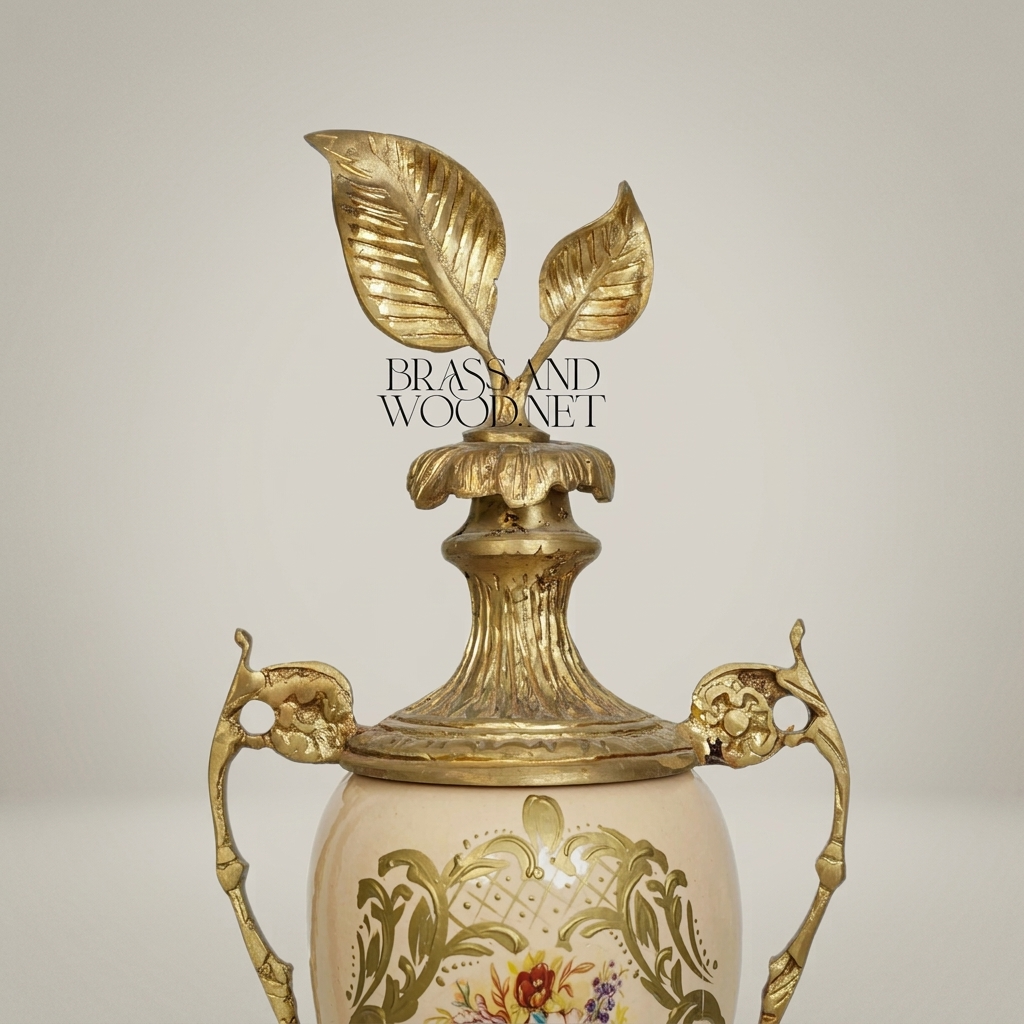 Rococo Brass & Ceramic Lidded Trophy Vase with Hand-Painted Floral Cartouche — Antique Gold