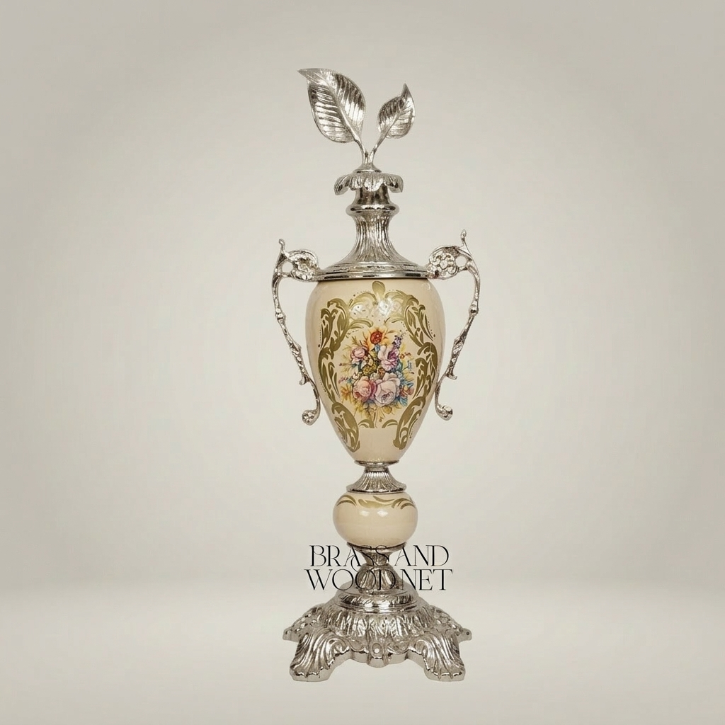 Rococo Brass & Ceramic Lidded Trophy Vase with Hand-Painted Floral Cartouche — Silver