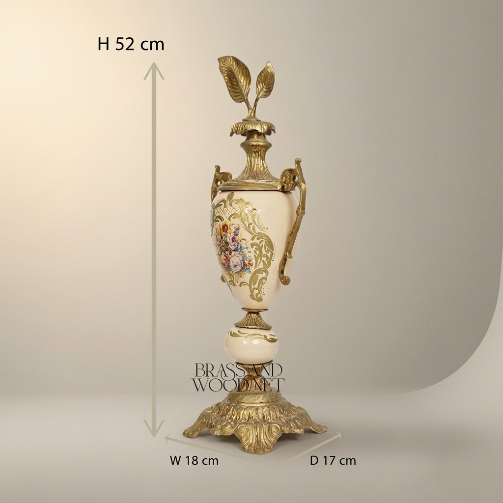 Rococo Brass & Ceramic Lidded Trophy Vase with Hand-Painted Floral Cartouche — Antique Gold