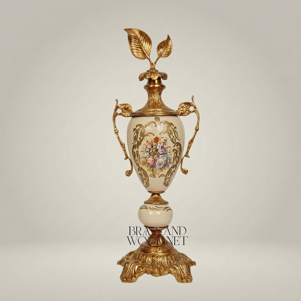 Rococo Brass & Ceramic Lidded Trophy Vase with Hand-Painted Floral Cartouche