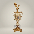 Rococo Brass & Ceramic Lidded Trophy Vase with Hand-Painted Floral Cartouche — Gold