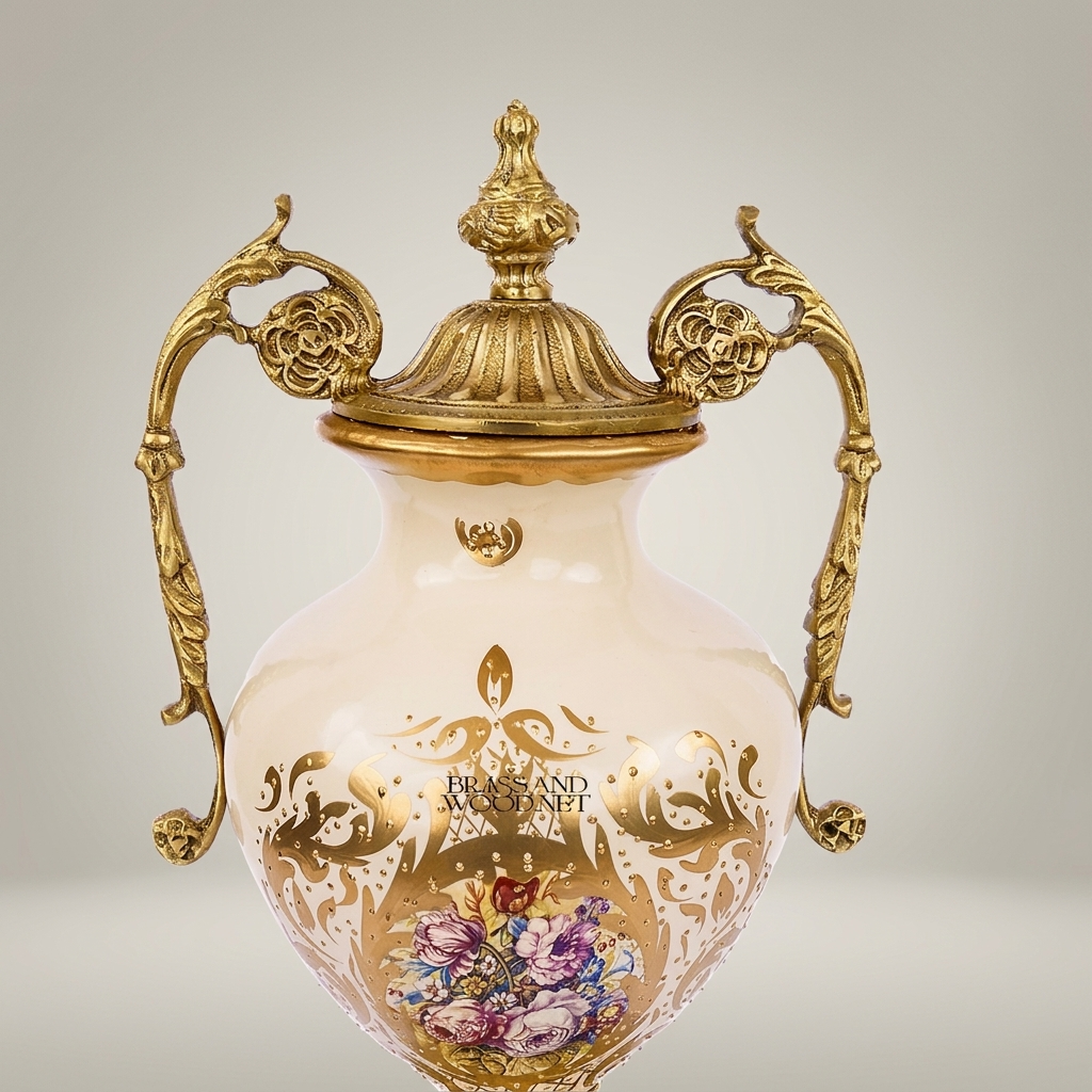 Rococo Brass & Ceramic Lidded Urn Vase with Scroll Handles and Floral Medallion — Antique Gold