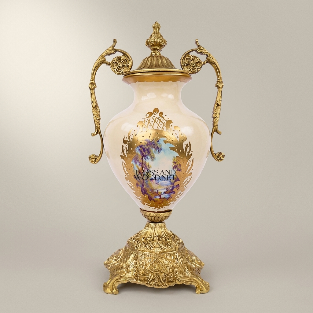 Rococo Brass & Ceramic Lidded Urn Vase with Scroll Handles and Floral Medallion — Antique Gold
