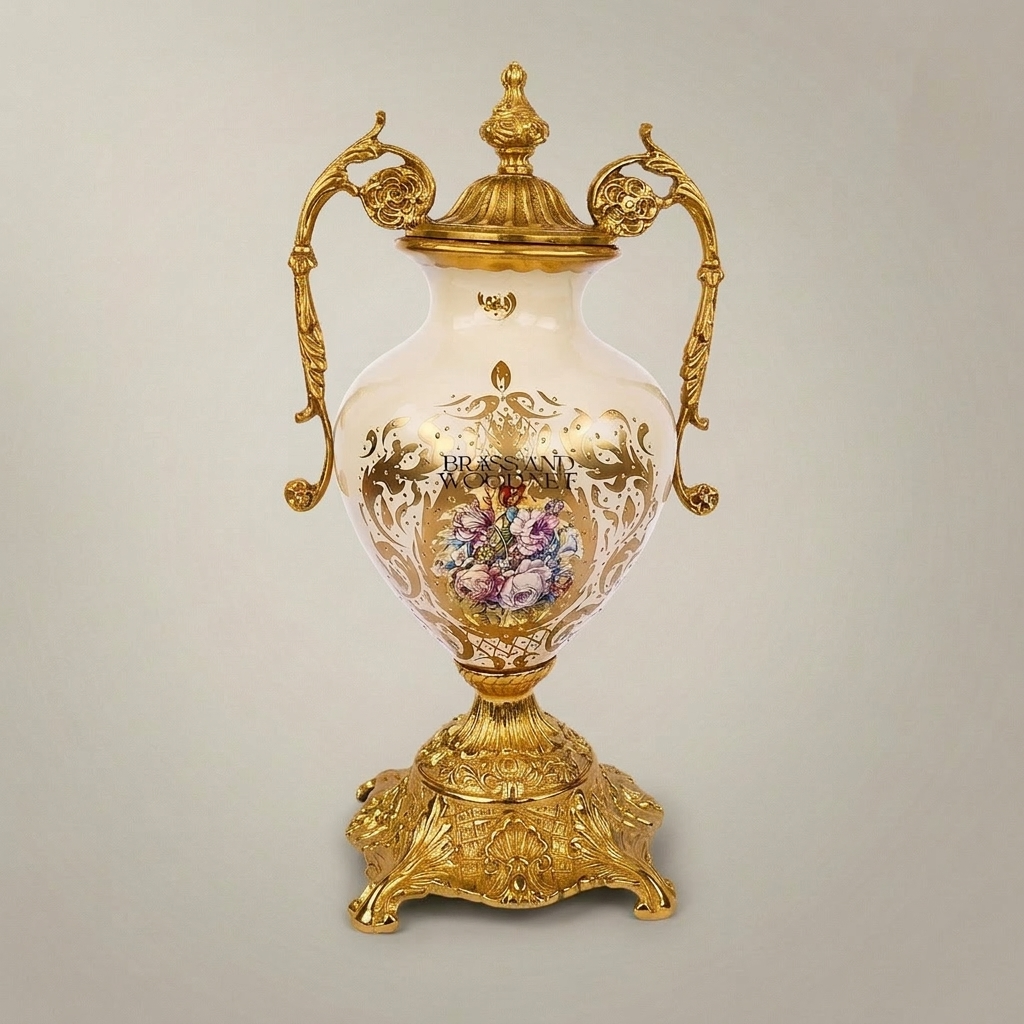 Rococo Brass & Ceramic Lidded Urn Vase with Scroll Handles and Floral Medallion