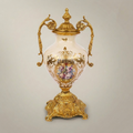 Rococo Brass & Ceramic Lidded Urn Vase with Scroll Handles and Floral Medallion — Gold